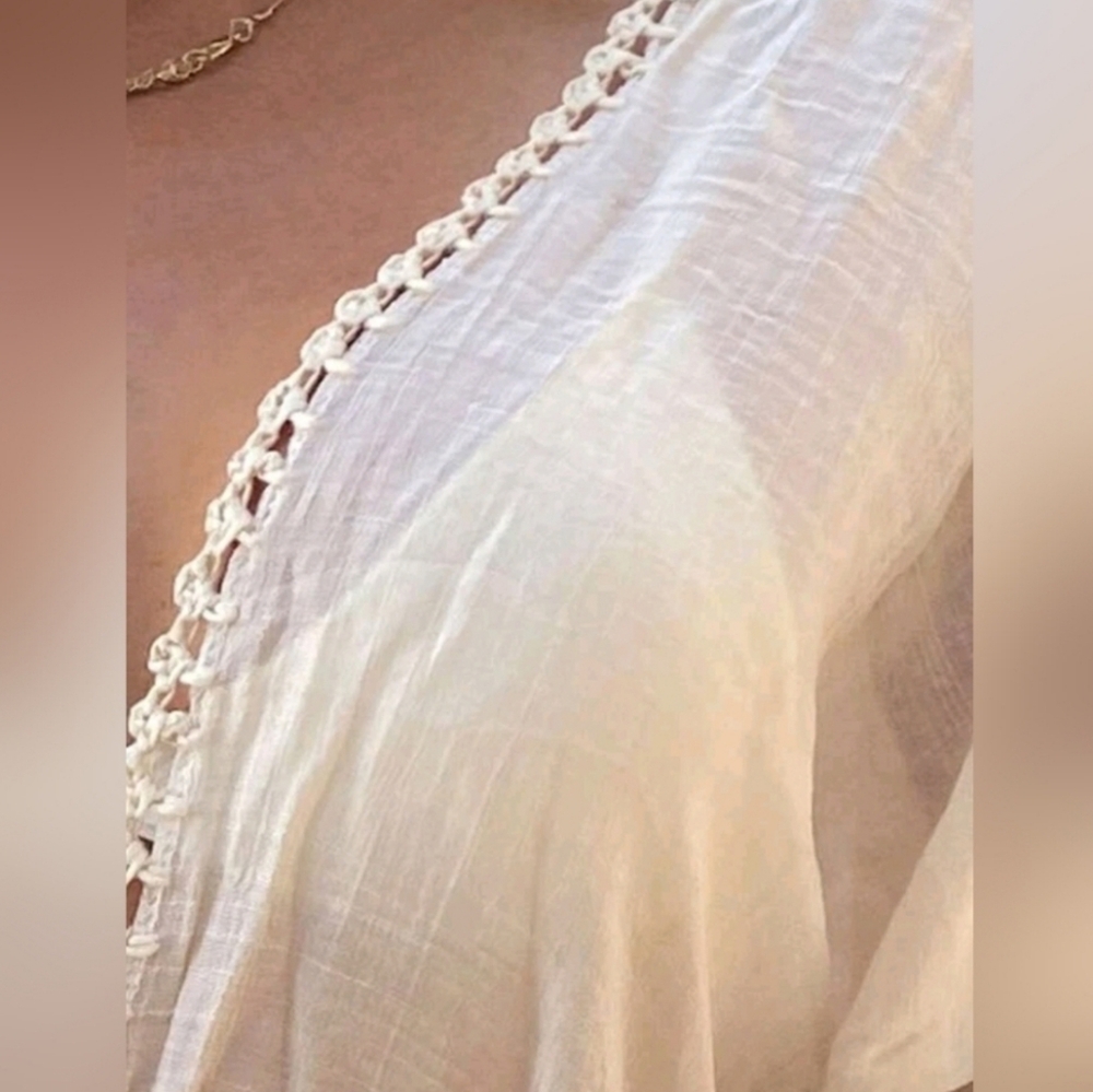 New Boho Chic Crochet Fringe Tassel Cover Up Kimono Cardigan Beige Tan - Picture 6 of 9